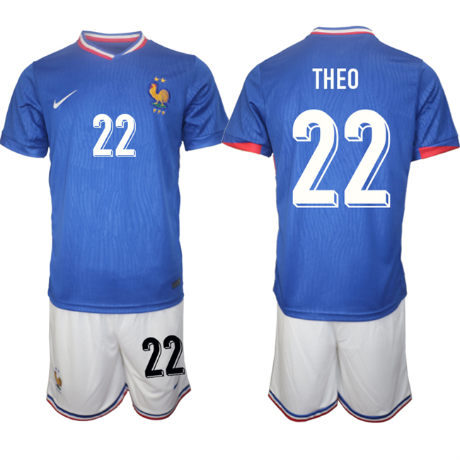 Men's France #22 Theo Blue 2024-25 Home Soccer Jersey Suit